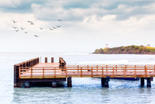 Wooden Pier And A Flock Of Birds In The Caribbean Sea