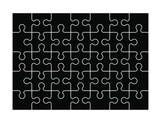 Fototapete - Set of thirty five puzzle jigsaw pieces. Puzzle with different types of details and the ability to move each part. Black and white vector illustration