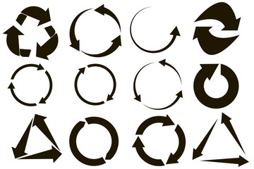 Poster - Original circular arrows of black color on a white background, with a round, triangular path. Vector illustration. Stock drawing.