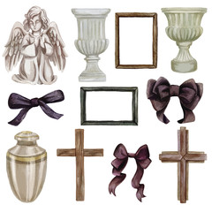 Wall Mural - Funeral objects collection, vases and bows, hand drawn vector