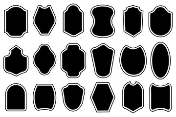Poster - Shields of black color, different shapes, the same size. Set of black icons in the shape of shields. Vector illustration. Stock drawing.