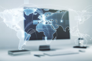 Poster - abstract graphic digital world map with connections on modern computer background, globalization con