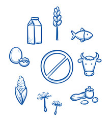 Wall Mural - Set of different food allergy icons, for packaging. Hand drawn line art cartoon vector illustration. 