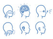 Set of several icons of the human head with different focuses on disorders, for medical info graphics. Hand drawn line art cartoon vector illustration.