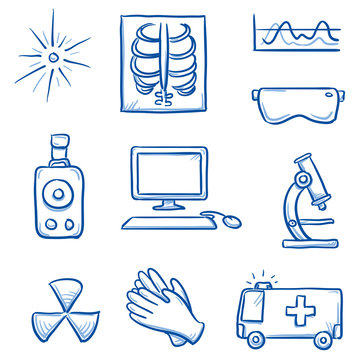 Set of different medical radiation and x-ray icons, for info graphics. Hand drawn line art cartoon vector illustration.