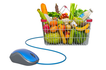 Poster - online food ordering concept. shopping basket full of products with computer mouse, 3d rendering