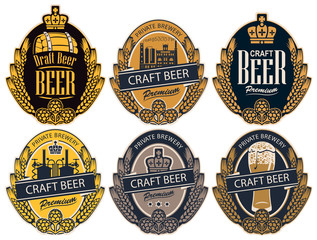 Wall Mural - set of six vector labels for craft beer of a private brewery in the form of a coat of arms in retro 