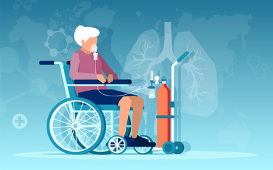 vector of a senior woman sitting in wheelchair receiving oxygen therapy