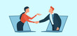 Vector of a businessman and business woman communicating online having agreement and shaking hands.