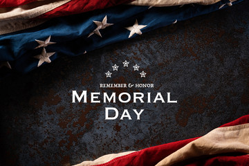 Wall Mural - Happy Memorial Day. American flags with the text REMEMBER & HONOR against a black stone texture background. May 25.