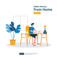 Poster - freelancer sitting at home. employer office workplace desk working with laptop. make money from home concept. Flat cartoon vector illustration with people character