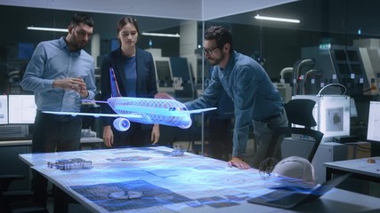 Aufkleber - Aeronautics Factory Office Meeting Room: Team of Diverse Engineers and Managers Work on an Augmented Reality Airplane Jet Engine Simulation. Modern Industry 4.0 Research and Development Test.
