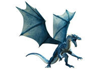 A Blue Dragon, A Beast Of Myth And Legend. Scaly And Serpentine With Bat-like Wings, Blues Are Known For Spitting Lightning. On A White Background. 3D Rendering