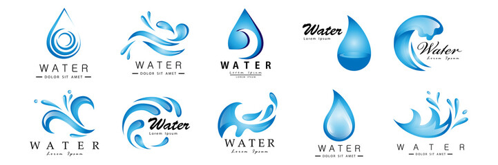 Water Splash Vector And Drop Set - Isolated On White. Abstract Vector Collection Of Flat Water Splash and Drop Logo. Icons For Droplet, Water Wave, Rain, Raindrop, Company Logo And Bubble Design