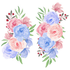 Wall Mural - Watercolor rose flower bouquet illustration in pink blue