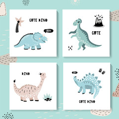 Wall Mural - Set of children's cards with dinosaurs. Cute dino.