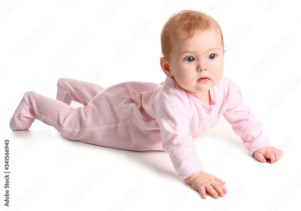Cute baby in stylish clothes on white background