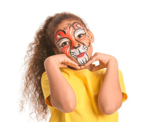 Canvas Print - Funny African-American girl with face painting on white background