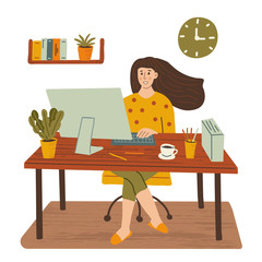 Fototapete - The women is sitting at a table with a computer at home. Remote work, freelance. Hand drawn illustration with texture. 