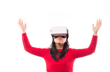 Surprised woman wearing virtual reality googles isolated on white background