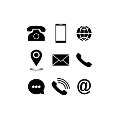 Poster - Set of communication icons set. Phone, mobile phone, retro phone, location, mail and web site symbols on isolated white background for applications, web, app. EPS 10 vector.