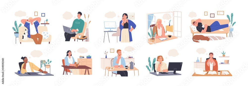 Collection of dreaming people isolated on white. Smiling thoughtful young men and women working and relax at home. Dreamy characters with thought bubble. Vector illustration in flat cartoon style - obrazy, fototapety, plakaty 