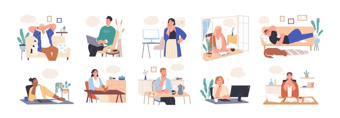 Poster - Collection of dreaming people isolated on white. Smiling thoughtful young men and women working and relax at home. Dreamy characters with thought bubble. Vector illustration in flat cartoon style