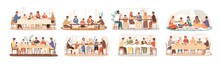 Collection Of Scenes With Family At Festive Dinner. Children, Parents And Grandparents Eating National Dishes Together. Holiday Meal In Various Countries. Vector Illustration In Flat Cartoon Style