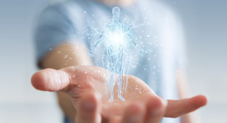 Leinwandbilder - Man using digital x-ray human body holographic scan projection 3D rendering