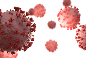 Poster - 3D rendering of the coronavirus on a microscopic level. Microscope close-up of the covid-19 disease. 2019-nCoV spreading in body cell