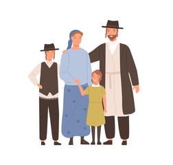 Wall Mural - Traditional jews smiling cartoon family vector flat illustration. Colorful jewish mother, father, son and daughter standing together isolated on white. Happy people hugging having positive emotion