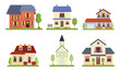 © greenpicstudio - Set of different country houses with garden trees. Vector illustration in flat cartoon style.