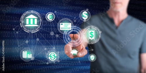Fotomural Man touching a mobile banking concept