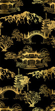 Buddhism Temple Card Nature Landscape View Landscape Card Vector Sketch Illustration Japanese Chinese Oriental Line Art Seamless Pattern Black Gold