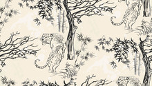 Tiger Vector Japanese Chinese Nature Ink Illustration Engraved Sketch Traditional Textured Seamless Pattern