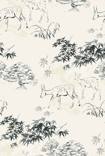 Deer Vector Japanese Chinese Nature Ink Illustration Engraved Sketch Traditional Textured Seamless Pattern