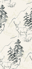 Poster - deer vector japanese chinese nature ink illustration engraved sketch traditional textured seamless pattern