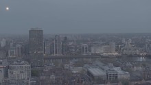 Sideways Parralel Tracking Shot Of River Thames Central London Aerial Drone Shot. Forwards Flying At Dusk. Needs Colour Grading. Busy Metropolis City In The Evening, Night Time. Mi5, Mi6 Building 