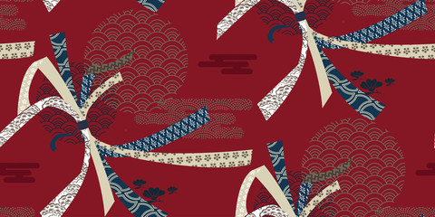 ribbon traditional geometric kimono seamless pattern vector sketch illustration line art japanese chinese oriental design