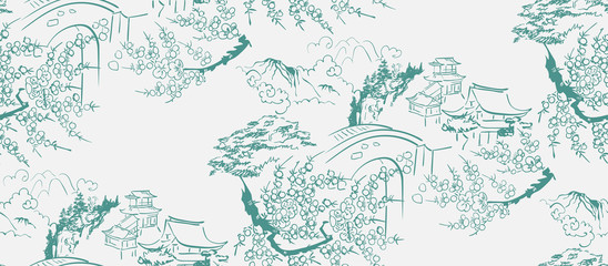 Wall Mural - temple japanese chinese design sketch ink paint style seamless pattern