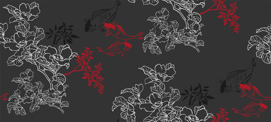 Wall Mural - fish koi japanese chinese design sketch ink paint style seamless pattern