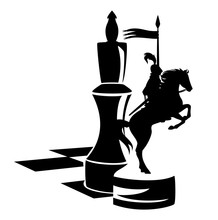 Medieval Knight And Rearing Up Horse On A Game Board With Chess Piece Black And White Vector Outline