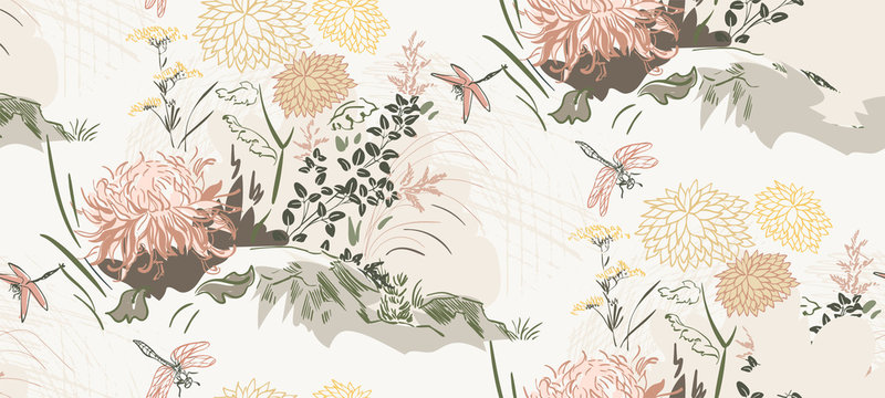 Wall Mural -  - chrysanthemum flowers nature landscape view vector sketch illustration japanese chinese oriental line art ink seamless pattern