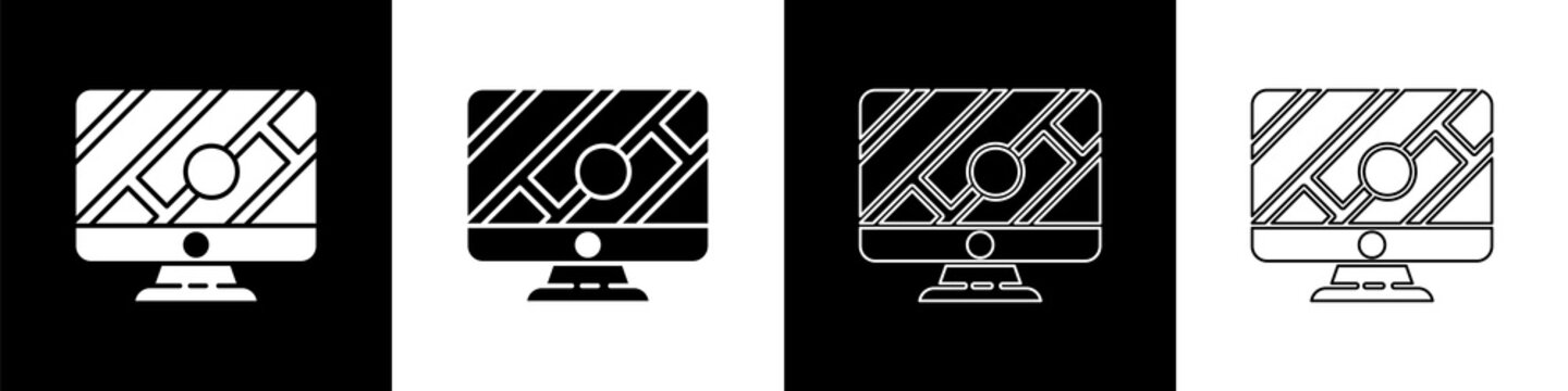 Set Computer monitor and folded map with location marker icon isolated on black and white background.  Vector Illustration