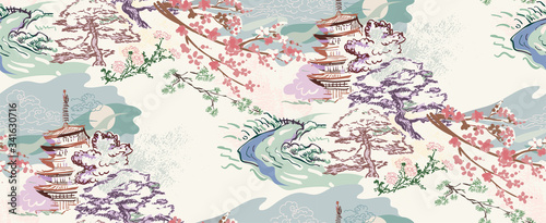 Obraz na plátně building landscape nature landscape view vector sketch illustration japanese chi