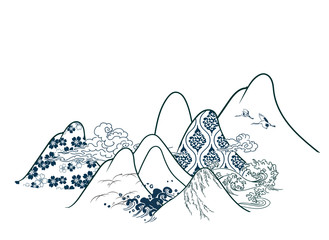 mountains traditional geometric kimono pattern vector sketch illustration line art japanese chinese oriental design