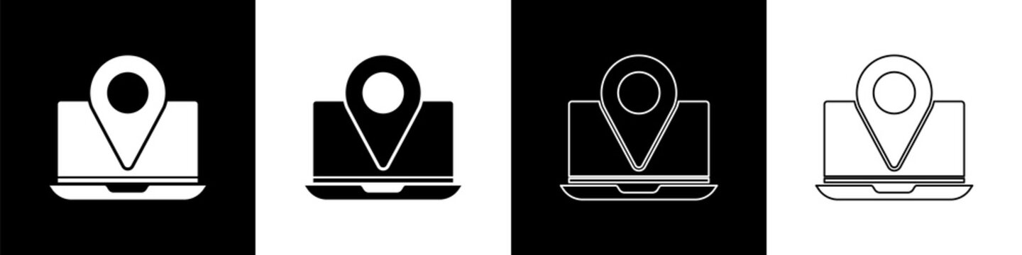 Set Laptop with location marker icon isolated on black and white background.  Vector Illustration