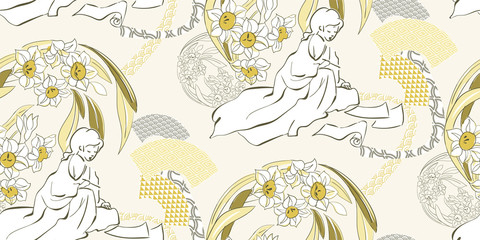 kimono girl flowers blossom traditional geometric kimono seamless pattern vector sketch illustration line art japanese chinese oriental design