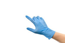 Female Hand Wearing Protective Gloves Touching Virtual Screen Isolated On White Background.