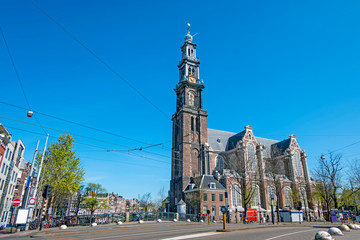 Sticker - City scenic from Amsterdam in spring in the Netherlands with the Westerkerk